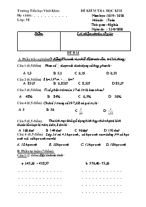 Đề kiểm tra học kỳ II môn Toán Lớp 5 - Năm học 2019-2020 - Trường Tiểu học Vĩnh Khúc